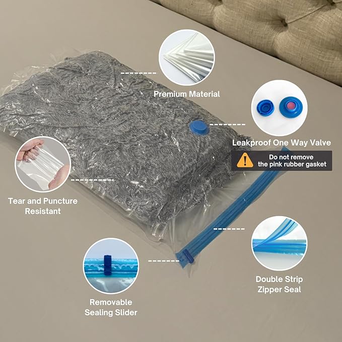 12 Pack Vacuum Storage Bags with Hand Pump, Compression Space Saver for Comforter, Bedding, Blanket Storage, Vacuum Seal Bags for Clothing, Luggage Suitcase and Closet Organizer