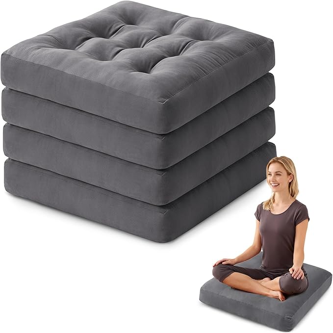 SM-XLHN Meditation Floor Pillow Set of 4, Square Large Pillows Seating for Adults, Meditation Cushion Pillow,Tufted Corduroy Cushion for Tatami Living Room or Yoga, Dark Gray, 22x22 Inch