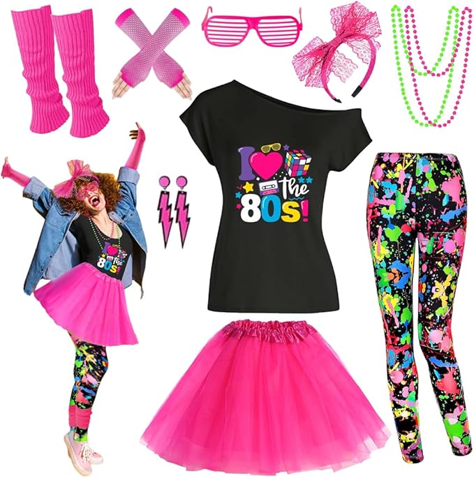 80s Outfit Women Costume Accessories Set T Shirt Shorts Tutu Skirt Neno Party Leg Warmers Headband