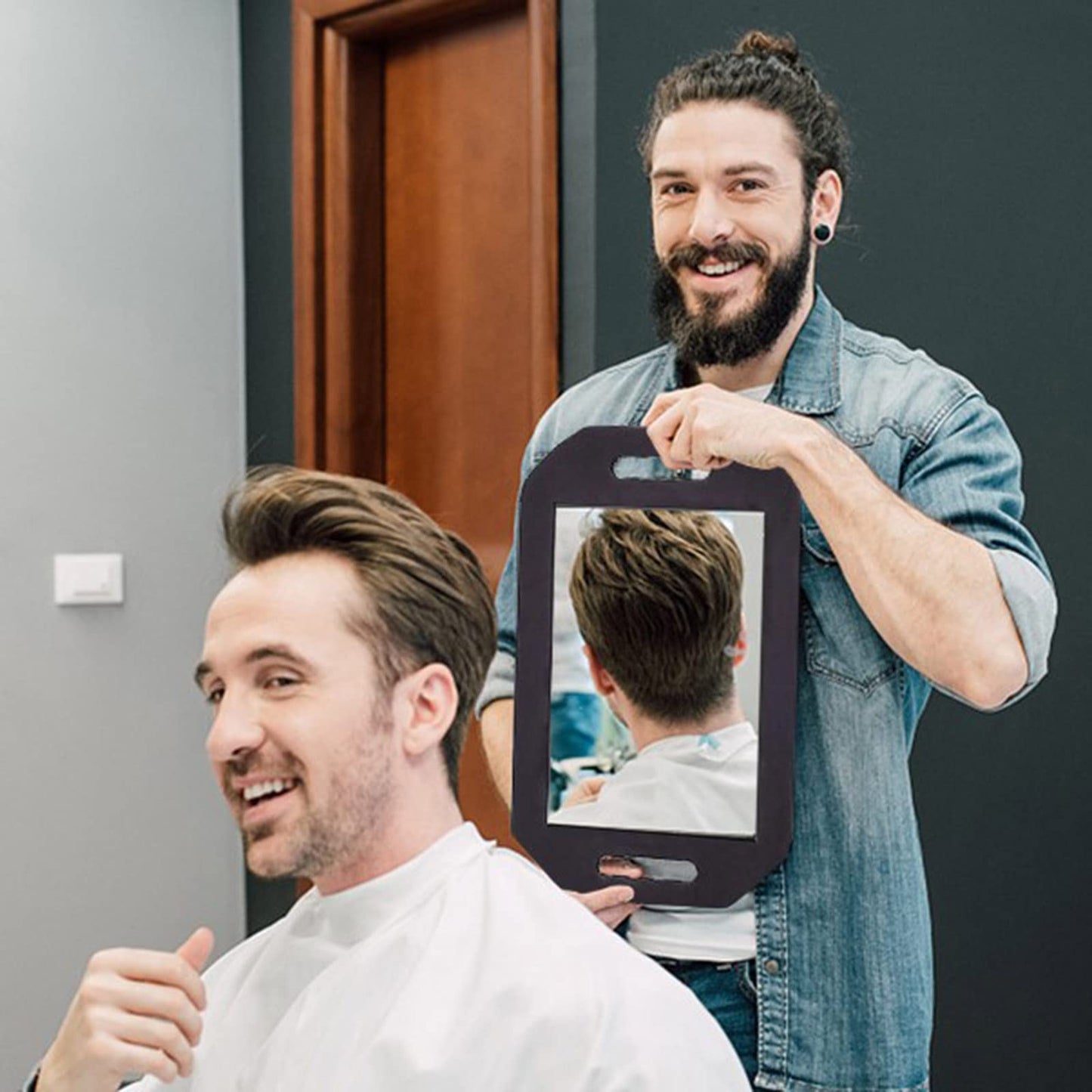 Feisate 4 Pack Barber Mirror Handheld Foam, Salon Large Hand Mirror with Double Handle, Square Foam Mirrors Barber, Barbershop H