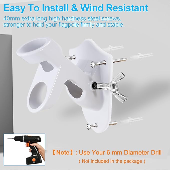 Flag Pole Holder Brackets, BONWIN 1" Flag Pole Mounting Bracket with Hardwares for House Wall Mount, 1" Inner Diameter, Two Positions & Aluminium Alloy, Rust Free Coated (White - 2 Pack)