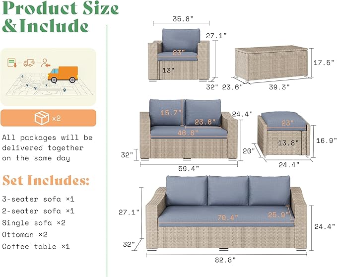 AMERLIFE 10-Piece Outdoor Patio Furniture Set, Wicker Outdoor Couch Conversation Set with Storage Coffee Table, 2 Ottomans, Patio Sectional Sofa for Backyard or Deck, Grey