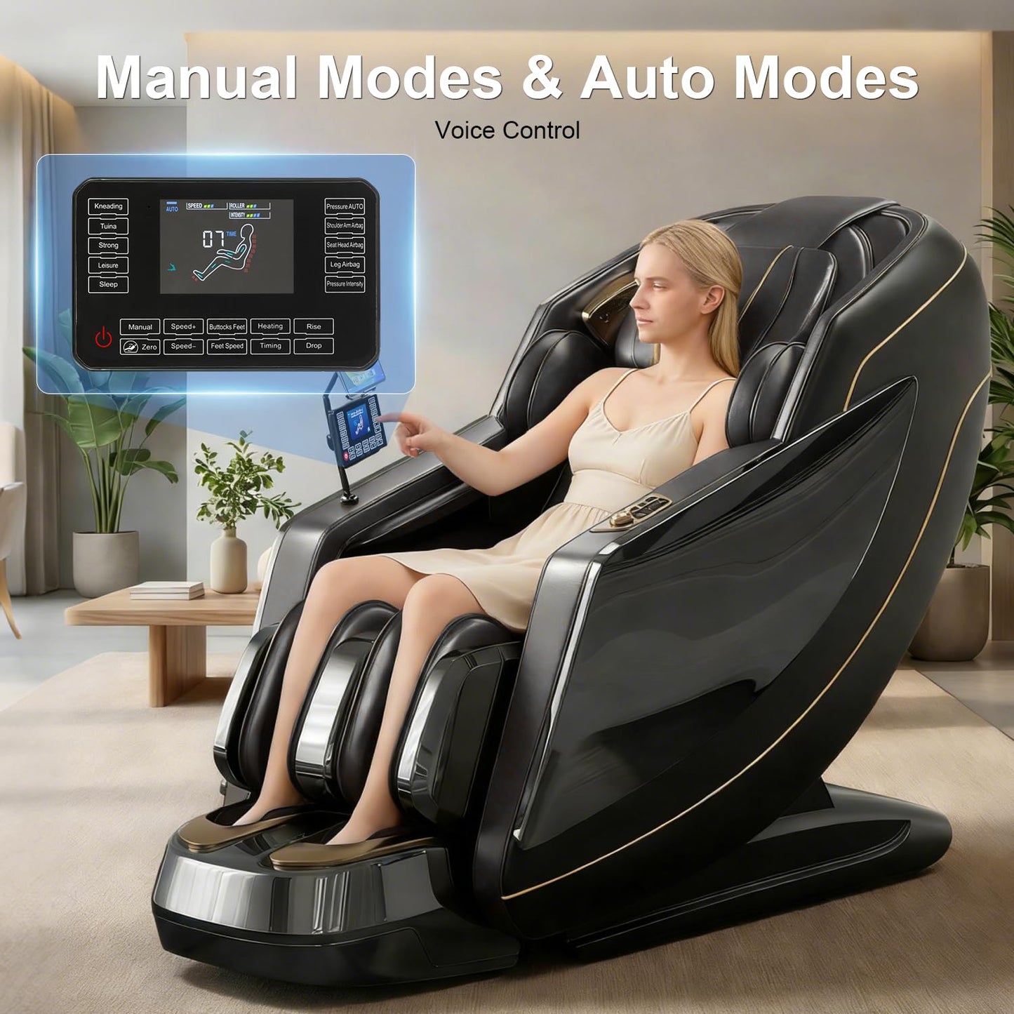 COZOME 4D Zero Gravity Full Body Massage Chair with SL Track, 15 Auto Modes, Voice Control, Foot Rollers, Waist & Calf Heating, Deep Yoga Stretch, Touch Screen Controller for Home Office, Black