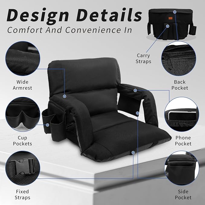 Stadium Seats with Back Support,Wide Stadium Chairs with Back and Cushion, Sofa Style Stadium Seats, 6 Reclining Positions, Extra Thick Bleacher Seat for Sports Events (Black-1 Pack, Wide|22.5")