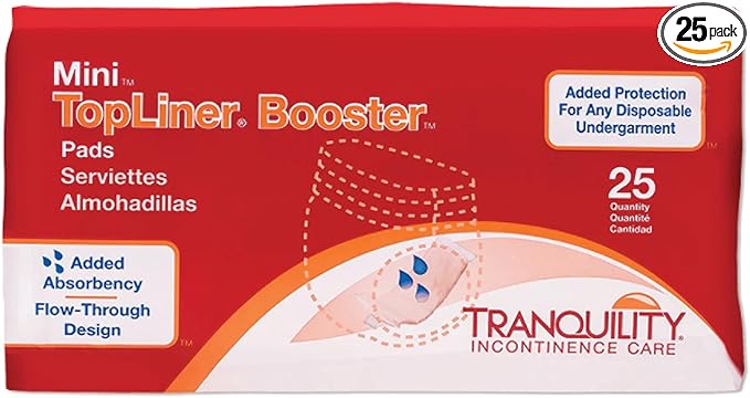 Tranquility TopLiner Disposable Booster Pads, Mini (10.5" x 2.75"), Flow-Through Design with Adhesive Strip for Max Absorption, Adult Unisex, 25ct Bag