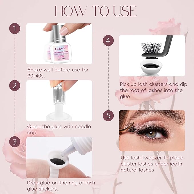 FADLASH Lash Cluster Glue Black Eyelash Glue for DIY Lash Extensions Waterproof 2-3s Fast Drying 2 Weeks Retention Long-Lasting at Home (5ml)