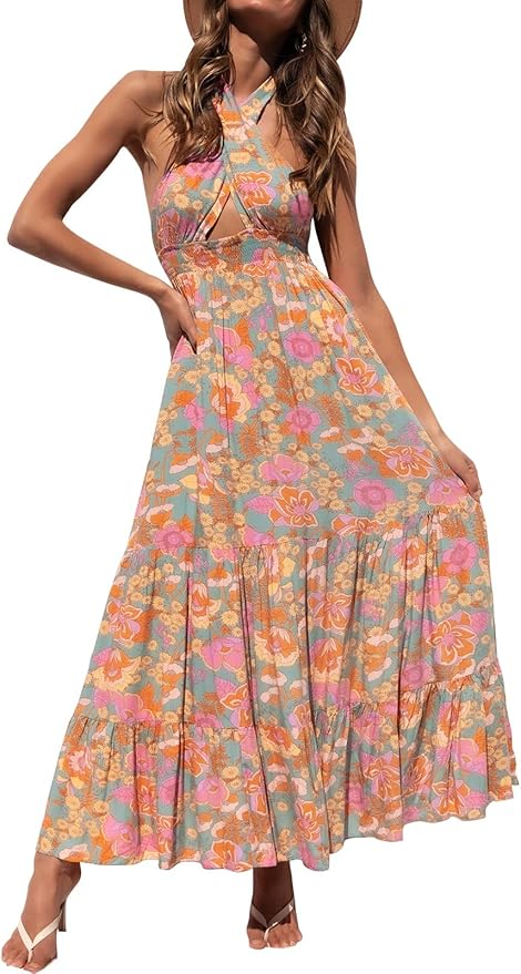 ZESICA Women's 2026 Summer Crossover Halter Neck Sleeveless Plaid Cut Out Backless Flowy A Line Maxi Dress