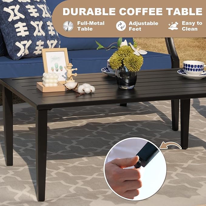 SunloungeCo 4-Piece Patio Furniture Set, Wider Outdoor Metal Seating Sofa with High Back & Loveseat, Coffee Table, All Weather Metal Conversation Set for Backyard, Poolside, Deck-Navy