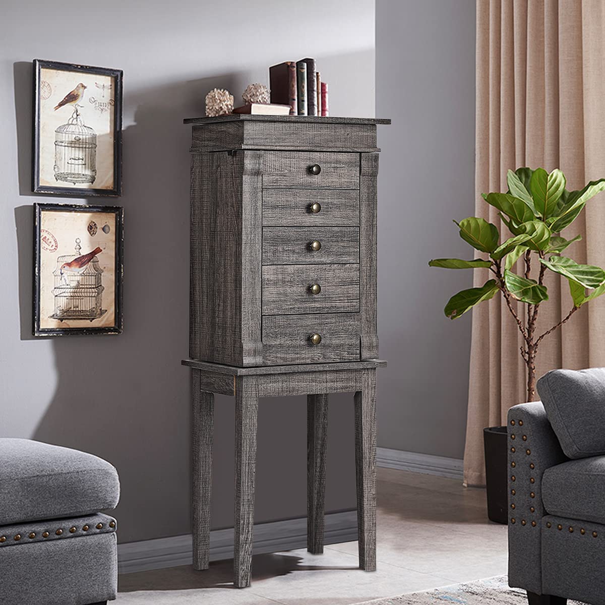 OFFICEJOY Standing Jewelry Armoire Cabinet w/Top Flip Mirror, 5 Drawers, 2 Doors, 8 Necklace Hooks, Jewelry Storage Chest Organizer for Earrings Necklaces Bracelets, Make Up, Girls Women Gift (Gray)