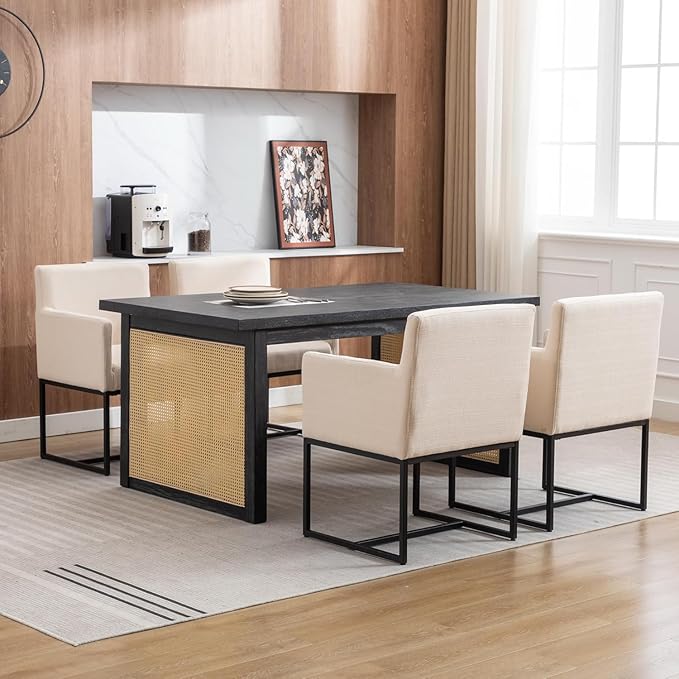 BESTANO Linen Upholstered Dining Chairs with Arms Set of 2 Mid Century Modern Accent Chairs Armchairs with Black Metal Frame, Modern Kitchen & Dining Room Chairs, Cream