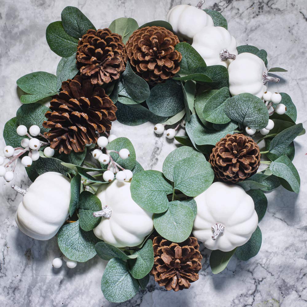 Winlyn White Pumpkin Garland Artificial Eucalyptus with White Pumpkins Pinecones Berries Fall Foliage for Wedding Arch Backdrop Thanksgiving Table Runner Farmhouse Decor 6' Long