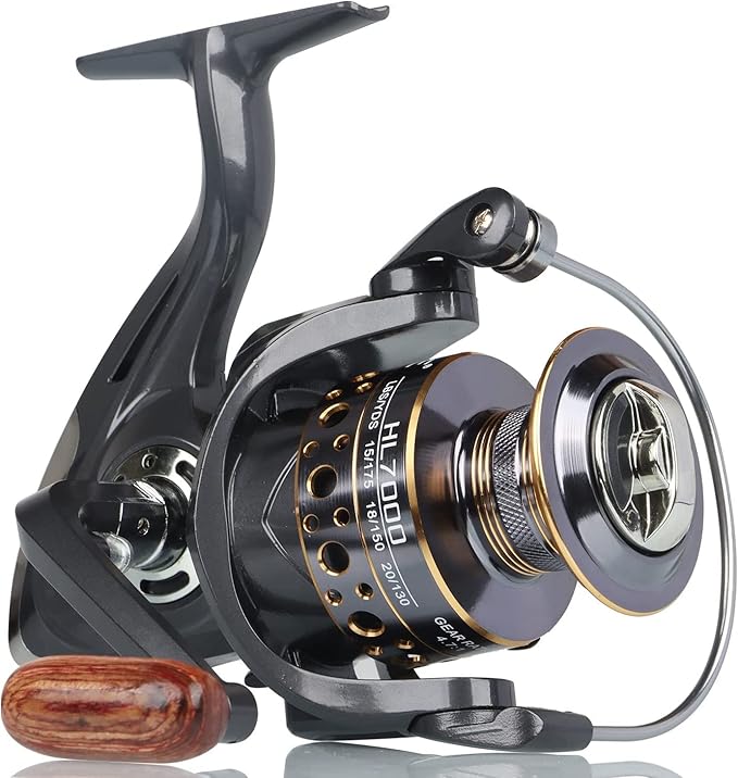 HPLIFE Spinning Reel, Saltwater Fishing Reels with Wooden Handle 13 BB Light Weight 43LB Max Drag, 4.7:1/5.2:1 Gear Ratio ...