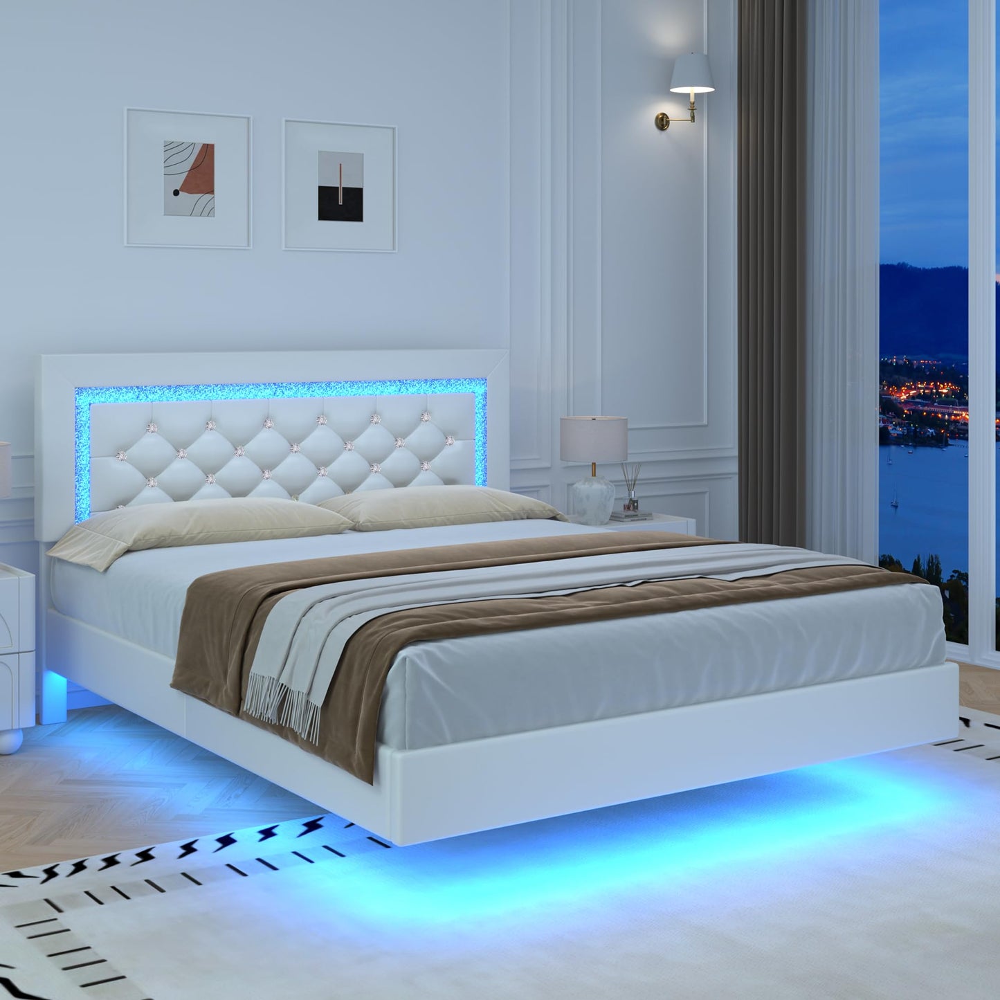 Floating Bed Frame Queen with LED Lights, Upholstered Platform Bed with Diamond Tufted Headboard, No Box Spring Needed, Noise Free, Easy Assembly, White