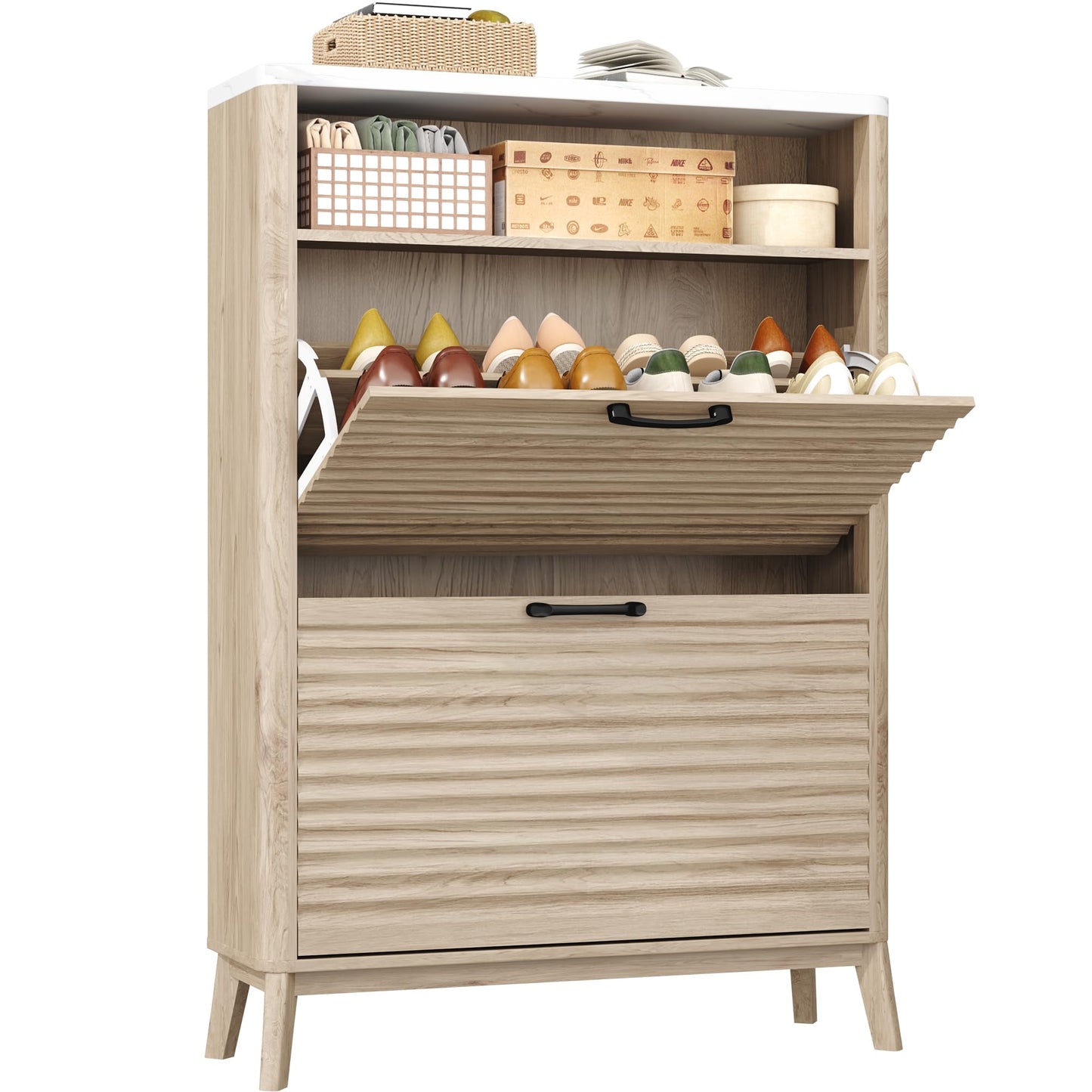 HOMEFORT Shoe Storage Cabinet for Entryway, 31.5" Fluted Shoe Cabinet with 2 Flip Drawers, Mid-Century Modern Hidden Shoe Rack Organizer, Slim Shoe Cabinet for Front Door Entrance, Natural Oak