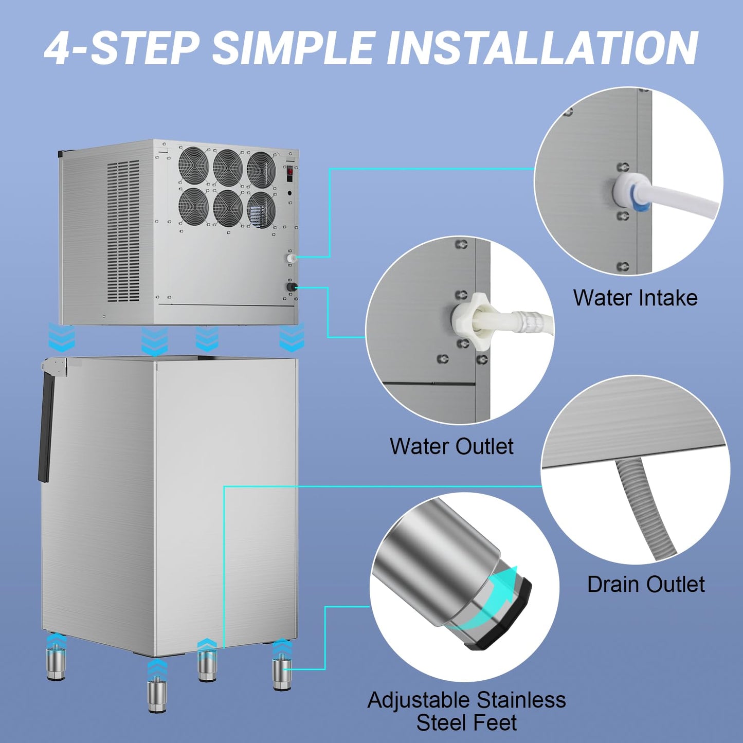 Ice Maker Commercial Ice Machine Large Capacity Stainless Steel 500 Lbs/24H Industrial Ice Machine, 350 Lbs Storage Commercial Ice Machines Free Standing, Cubes Ice Makers Commercial