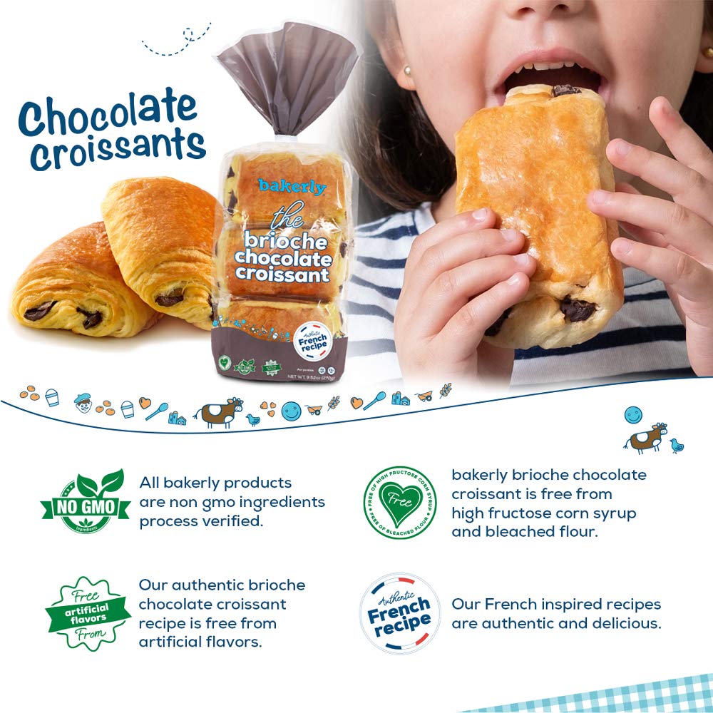 bakerly Chocolate Croissants with Real Chocolate, Non GMO, Free from Artificial Flavors & Colors, Pack of 4, 6-count (24 Total Croissants)