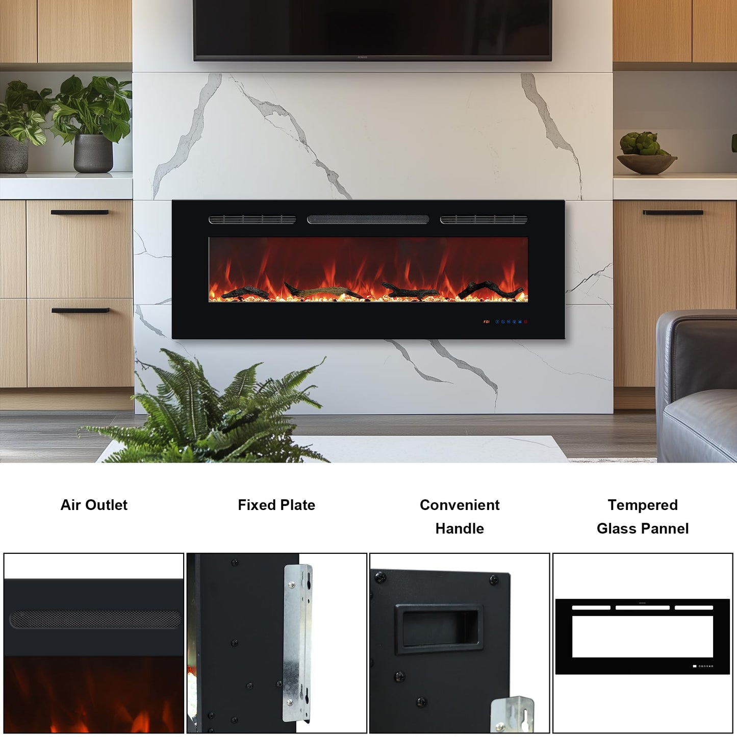 Carsynflame Electric Fireplace 72 In, Wall Mounted & Recessed Electric Fireplace Inserts, Remote & Touch Screen Control, 169 Flame Color Combinations, Timer & Thermostat Fireplace Heater, 1500W, Black