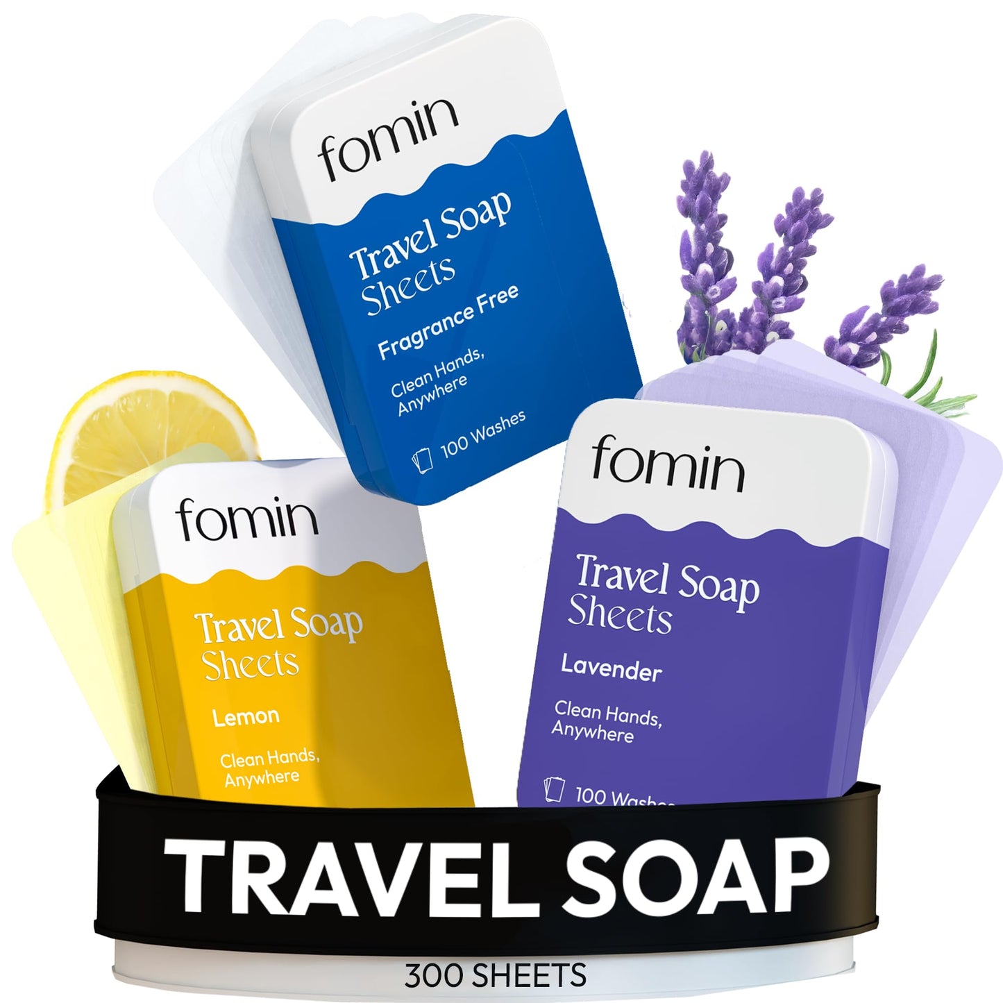 FOMIN - Antibacterial Paper Soap Sheets Tin for Traveling - (300 Sheets) Variety Pack (Unscented, Lemon, Lavender) Portable Trav