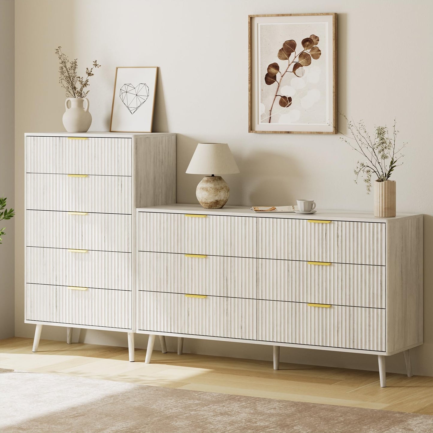 LYNSOM Fluted 5 Drawers Dresser, 45" Tall Modern Chest of Drawers with Curved Profile Design and Metal Handle, Wood Drawer Organizer for Bedroom, Living Room, Hallway, Entryway, White