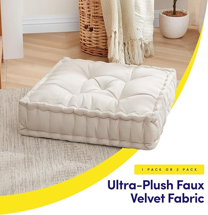 Floor Pillow Large Square Tufted Decorative Cushion 20" x 20" Faux Velvet Fabric Ultra Thick Fill for Kids and Adults, 2 Pack, Ivory