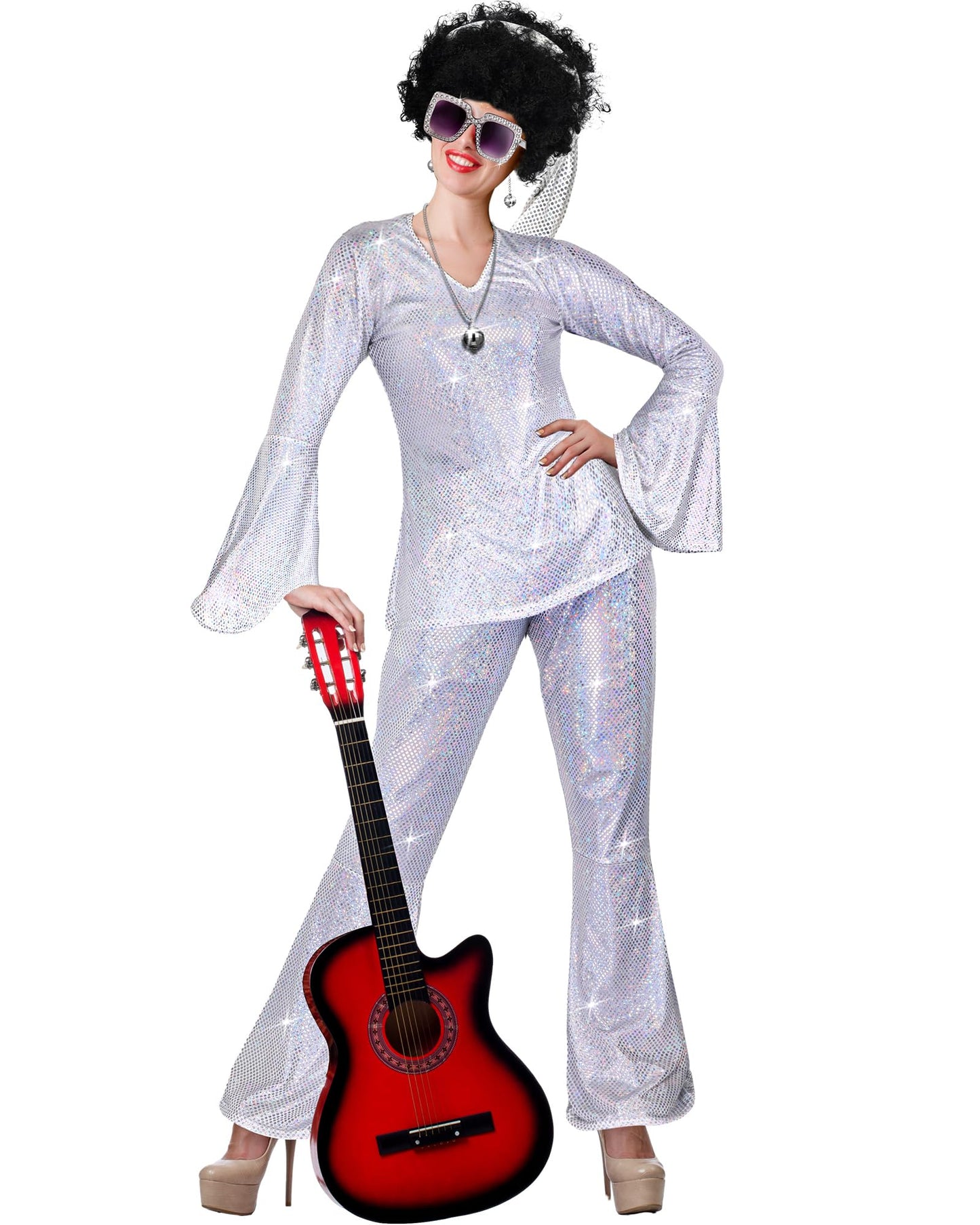 Halloween 70s Women Disco Outfit Costume Set Disco Party Top Pants Sunglasses Ball Necklace Earring Wig(White,Medium)
