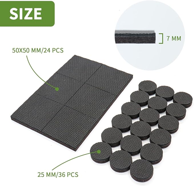 COVERCORNER Non Slip Furniture Pads 60 PCS - 36 pcs 1” Round + 24 pcs 2" Square - Anti Slip Furniture Pads - Self Adhesive Rubber Feet Furniture Feet - Chair Leg Floor Protectors