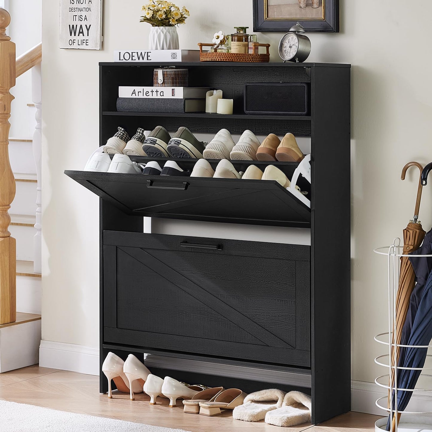RWYHG Shoe Storage Cabinet with 2 Flip Drawers,Farmhouse Narrow Shoe Organizer with Legs,Freestanding Hidden Slim Shoe Rack Cabinet with Open Storage for Entryway,Hallway, Foyer, Black