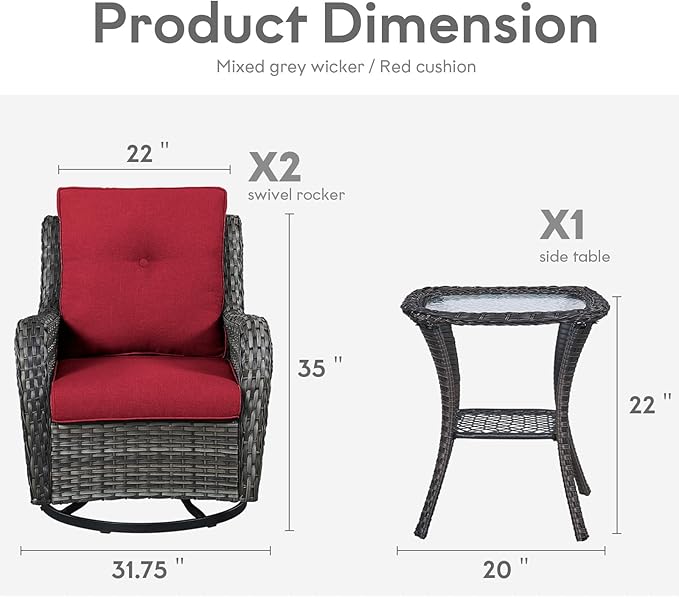 Belord Outdoor Swivel Rocker Wicker Chairs Set of 3, High Back Swivel Patio Chairs Wicker Furniture Set, 2 PCS Rattan Swivel Rocking Chair with Side Table, Red Cushion
