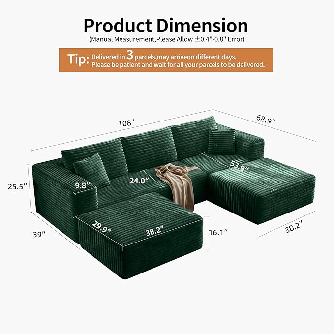Fancyfire 108" Cloud Modular Sectional Couch with 2 Ottoman,Ultimate Comfort U-Shaped Deep Seat Sofa,Boneless Couch Upholstered 3-Seater Sofas for Living Room, No Assembly Required(Green)