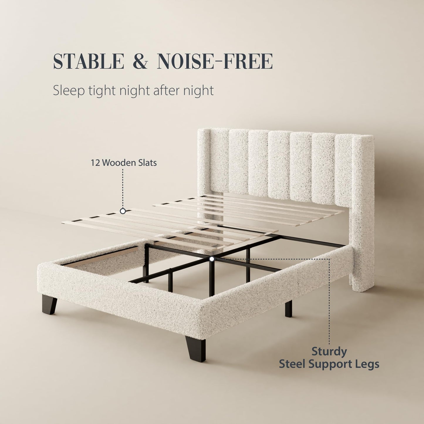 Full Bed Frame with Headboard Upholstered Platform Bed Frame with Teddy Velvet Headboard, Wooden Slats Support/Wing Edge Design/No Box Spring Needed/Easy Assembly, Beige Full