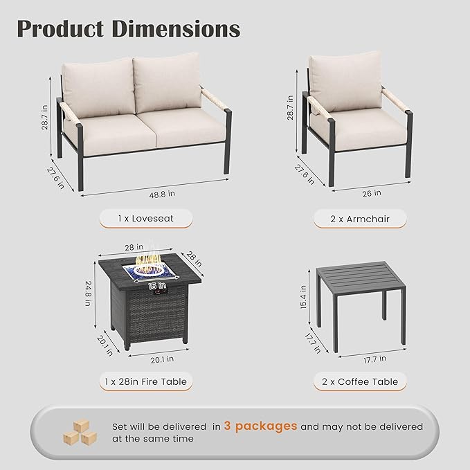 PATIOCHIC 6 Pieces Rattan Outdoor Furniture Set, All-Weather Patio Conversation Set with Warm Grey Cushions, Coffee Table and 28" Fire Pit Table for Garden, Backyard, Balcony, Poolside