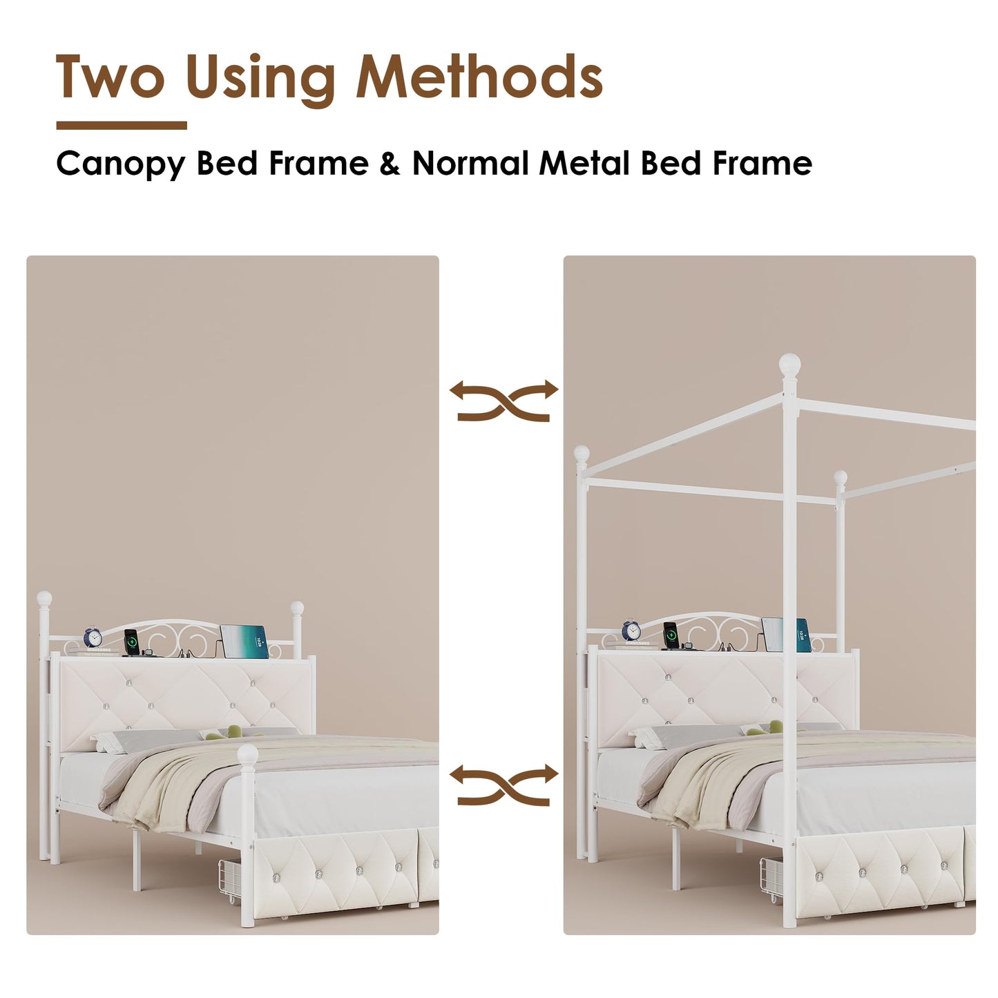 Queen Upholstered Canopy Bed Frame with 2 Drawers & Crystal Tufted Storage Headboard Metal Platform Bed with Charging Station & 4 Removable Posts No Box Spring Needed Curtain Not Included, Beige