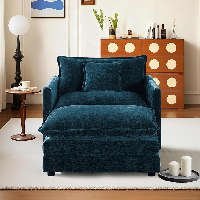 SoarFlash Chenille Sectional Sofa, Comfy Modular Single Sofa with Ottoman, Modern Recliner Deep Seat Sofa Set for Living Room,Deep Blue