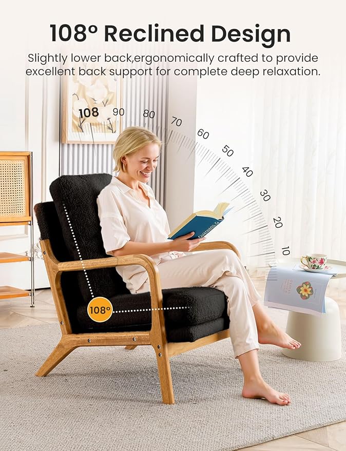 Mid Century Modern Accent Chairs for Living Room, 23” Wide Comfy Chair for Bedroom, Small Cozy Sherpa Reading Chairs for Adults, 108° Lounge Arm Chair Indoor with Detachable Cover, 5.5" Foam Cushion