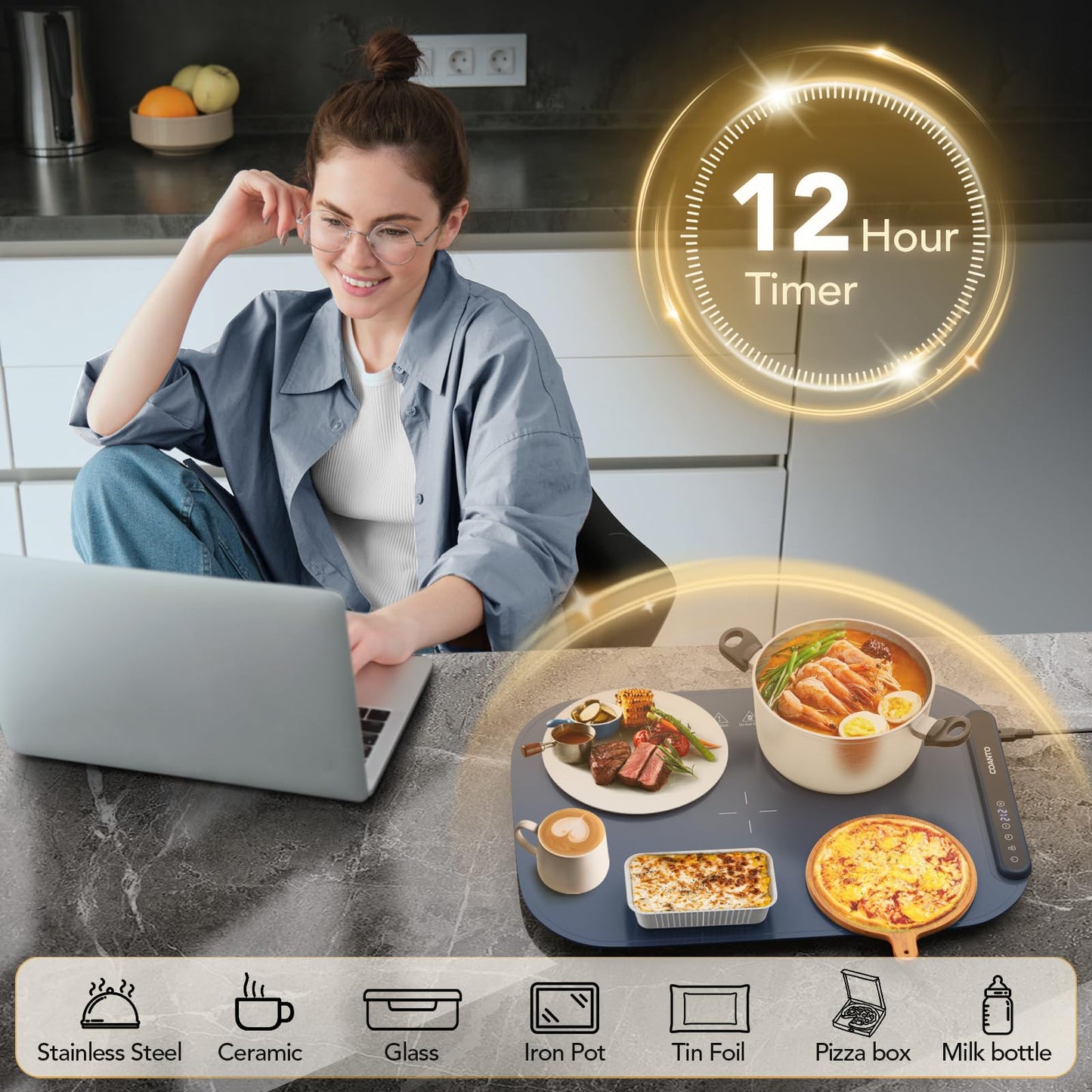 Coanto Food Warming Mat, Electric Warming Tray for Buffets & Parties, Silicone Heating Mat with 7 Temperature Settings, Roll-Up Storage, 17.91"x12.8", Blue