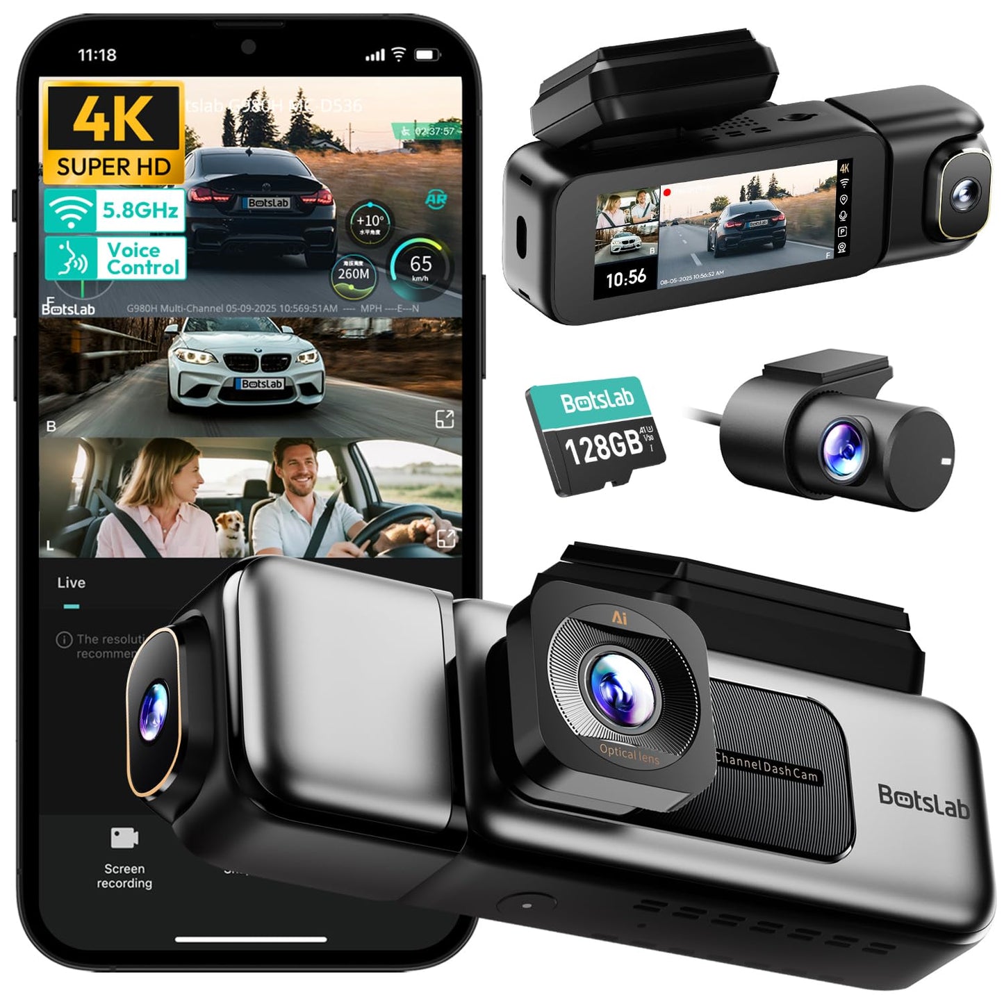 BOTSLAB 4K 3 Channel Dash Cam Front and Rear/Inside, 360Dash Camera with 3.18 Touch Screen, Night Vision Dashcam, Voice Control,