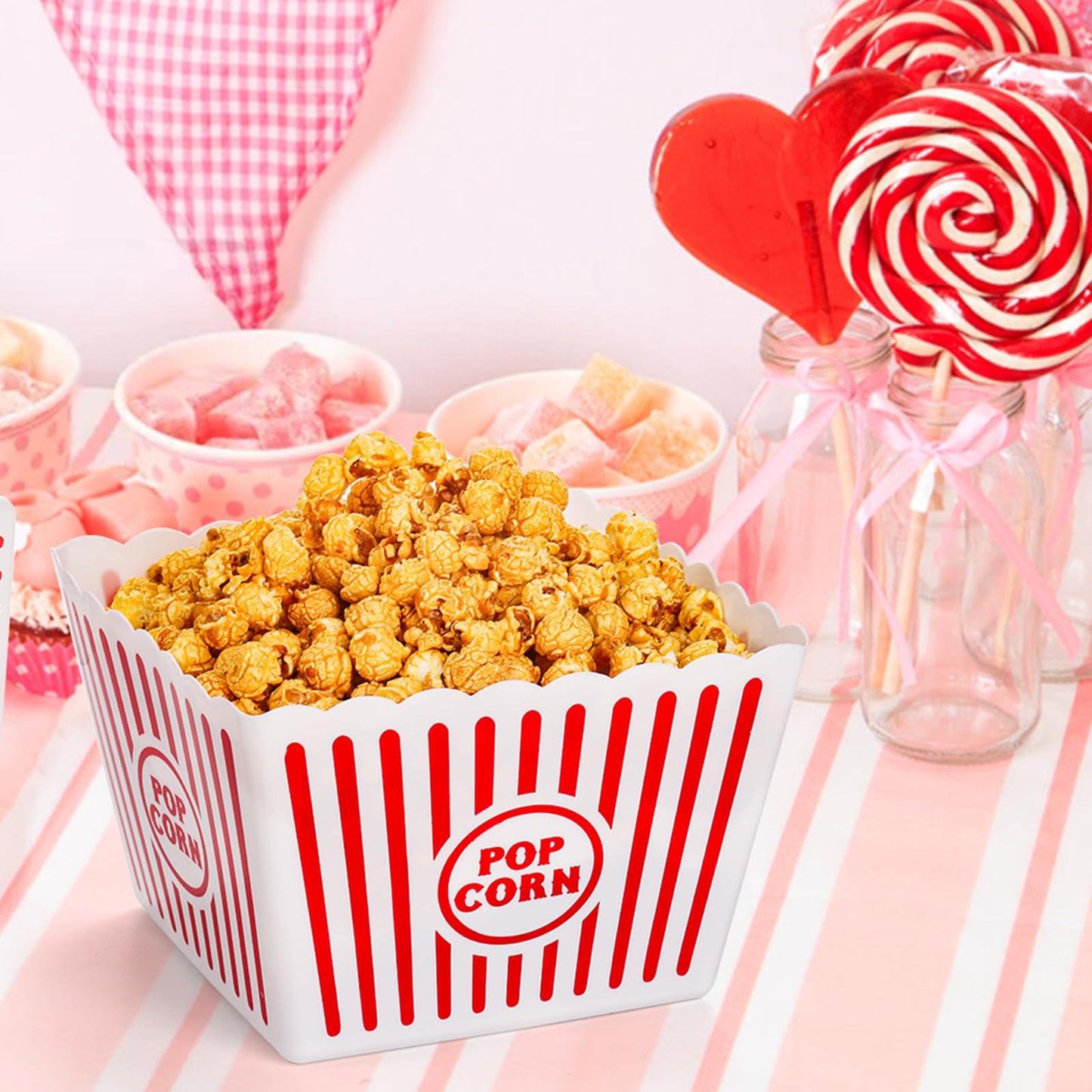 Bekith 6 Pack Plastic Popcorn Buckets Reusable, Large Popcorn Containers for Movie Night, 9" Square x 6" Tall