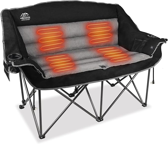 LANMOUNTAIN Heated Double Camping Chairs,3 Heat Levels Padded Portable Loveseat w/Wine Glass Holder,Cup Holder,Heating Outdoor Camp Couch Support 600 Lbs,Black,Battery NOT Included