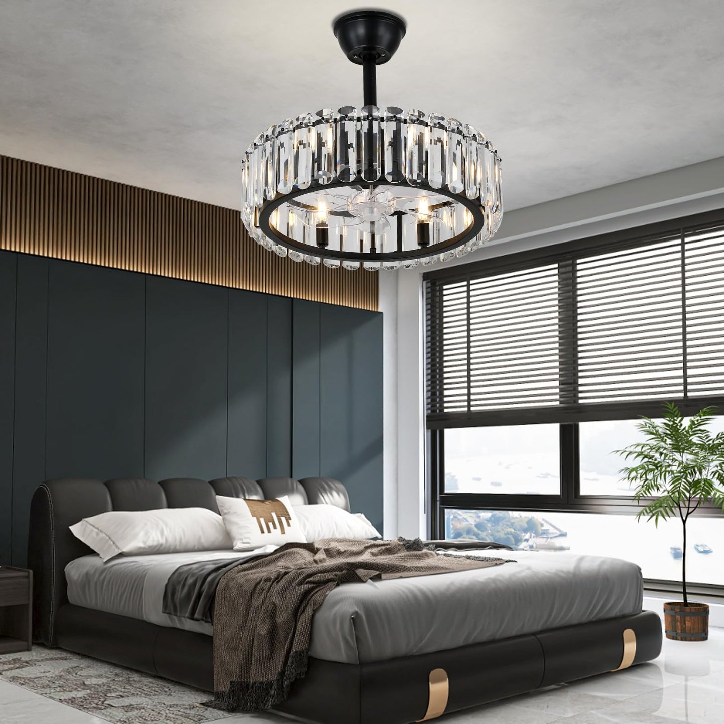 FRIXCHUR Crystal Caged Ceiling Fan with Lights and Remote 20.7 Inch Black Fandelier Semi Flush Mount 6 Speed Reversible Chandelier for Dining Bedroom Living Room Kitchen E12 x 6 Bulbs Not Included