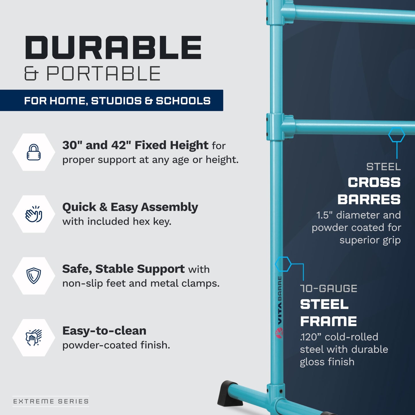 VITA Barre Portable Freestanding Double Ballet Barre, Extreme, 10 Ft Bars, Teal, Steel | Fixed Height, Made in USA, Home or Gym Exercise Equipment for Kids & Adults | Dance, Fitness, Pilates