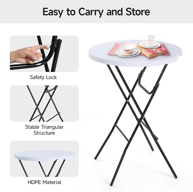 Winlice 32'' Round Folding Table, HDPE Portable Bar Height Table with Removable Legs for Indoor Outdoor Wedding Event, Gathering, Parties, Commercial Events, White