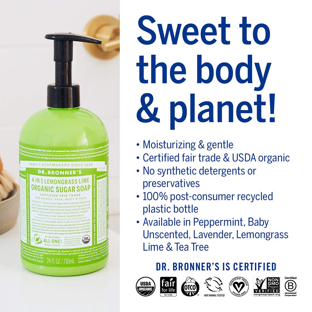 Dr. Bronner's - Organic Sugar Soap (Lemongrass, 64 Ounce) - Made with Organic Oils, Sugar and Shikakai Powder, 4-in-1 Use: Hands