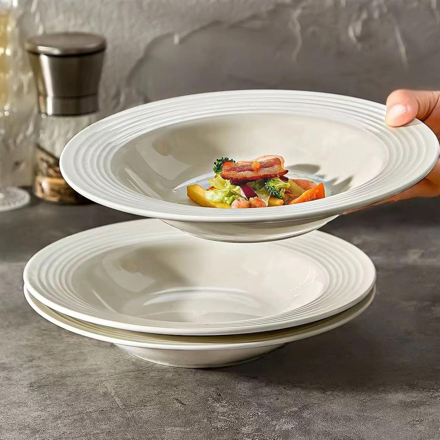 Pasta Bowls Plates Set of 4, 8.5inch Ceramic Plates tableware,Salad,Shallow Soup for Pasta, Soup, Microwave & Dishwasher Safe (4)