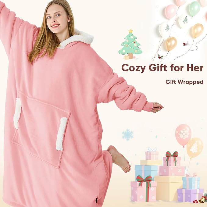 yescool Wearable Blanket Hoodie, Flannel Sherpa Fleece Blanket Sweatshirt for Adults Women Men,One Size Fits All