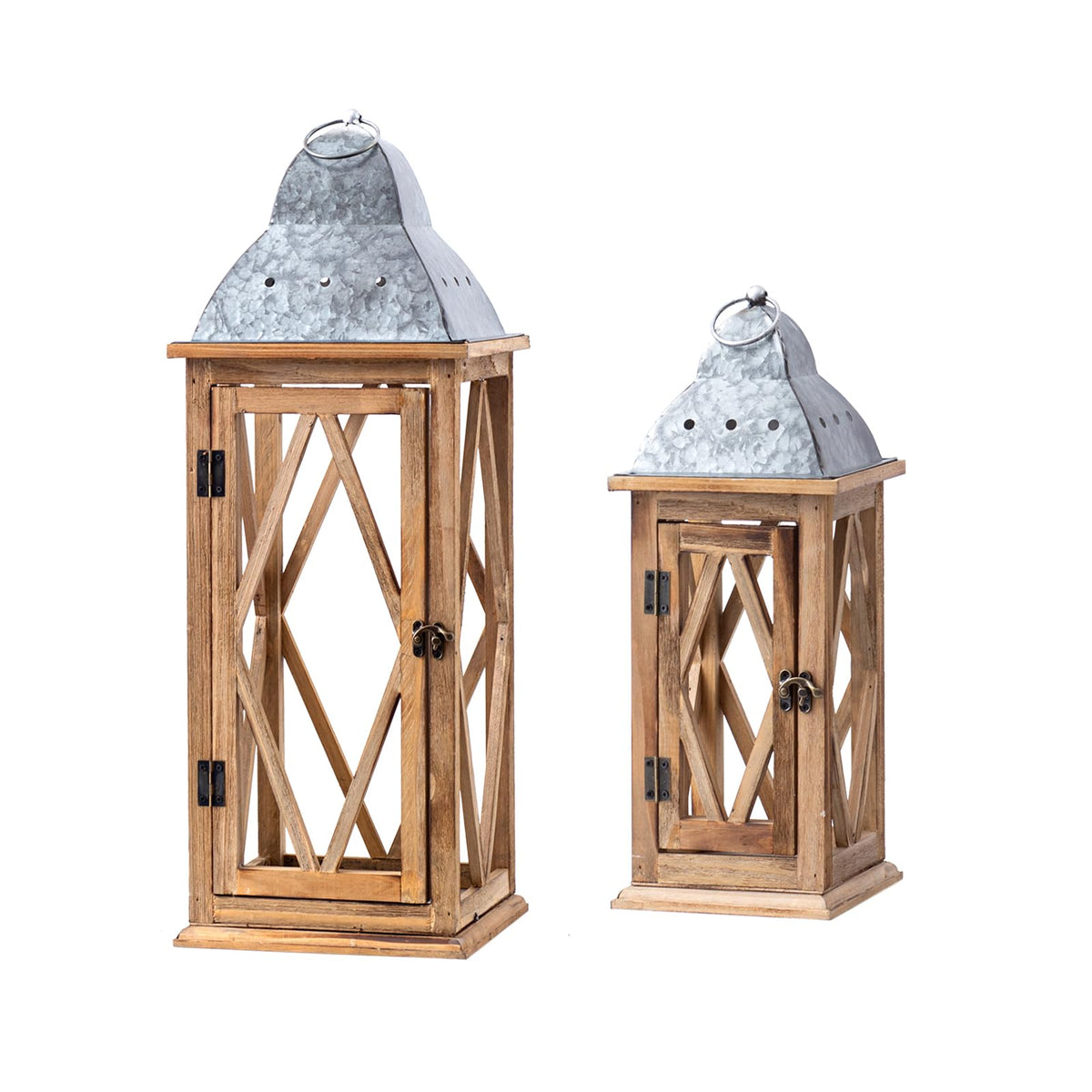 Large Farmhouse Wooden Metal Lantern Set of 2, Rustic Decorative Floor Candle Lanterns, Indoor/Outdoor Hanging Lanterns for Home Decor (No Glass)