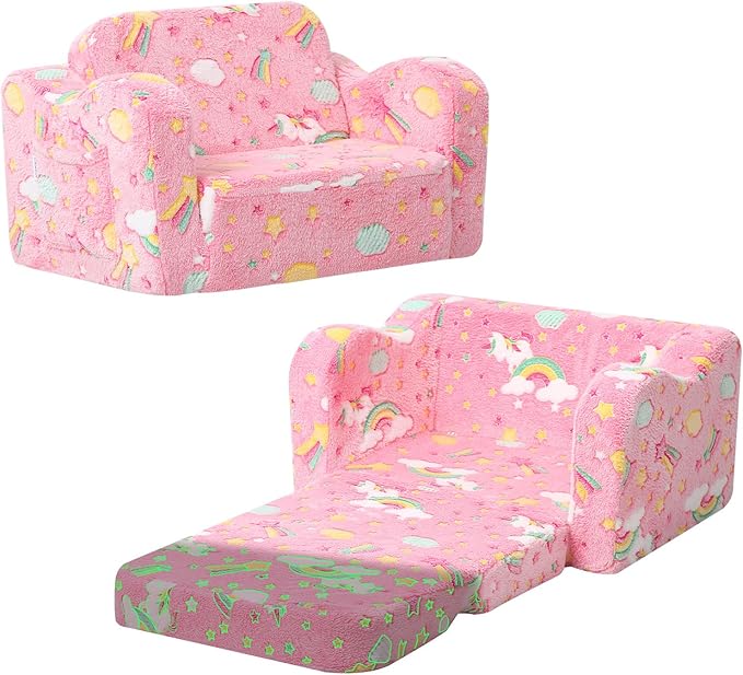 MeMoreCool Folding Toddler Chair, Glow-in-The-Dark Soft Plush Kids Fold-Out Couch Sofa, Comfy Baby Recliner for Girls and Boys (Pink Rainbow)