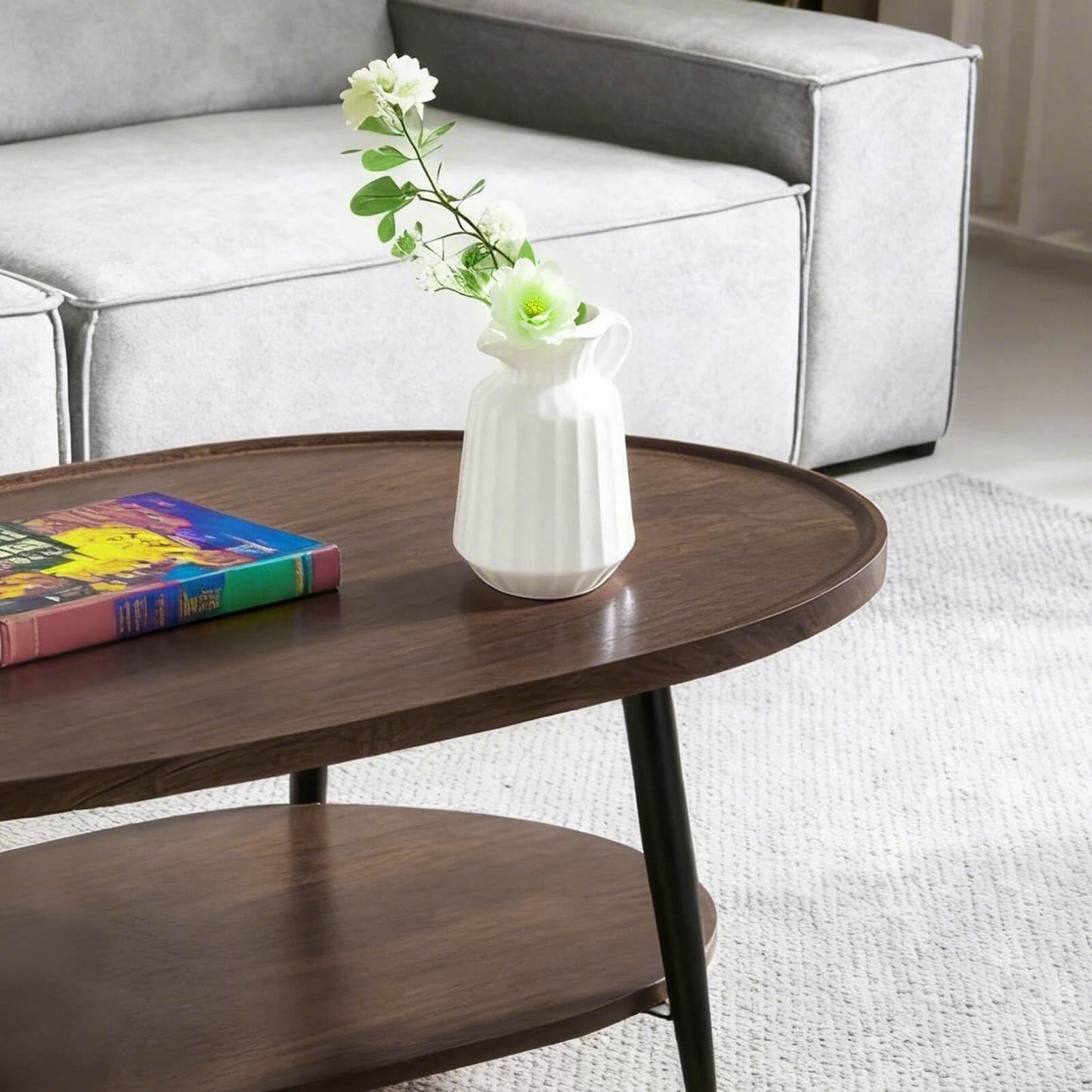Hothingwell Oval Coffee Table for Living Room, 47" Walnut Mid Century Modern Coffee Table for Small Space, D47xW23.6xH15