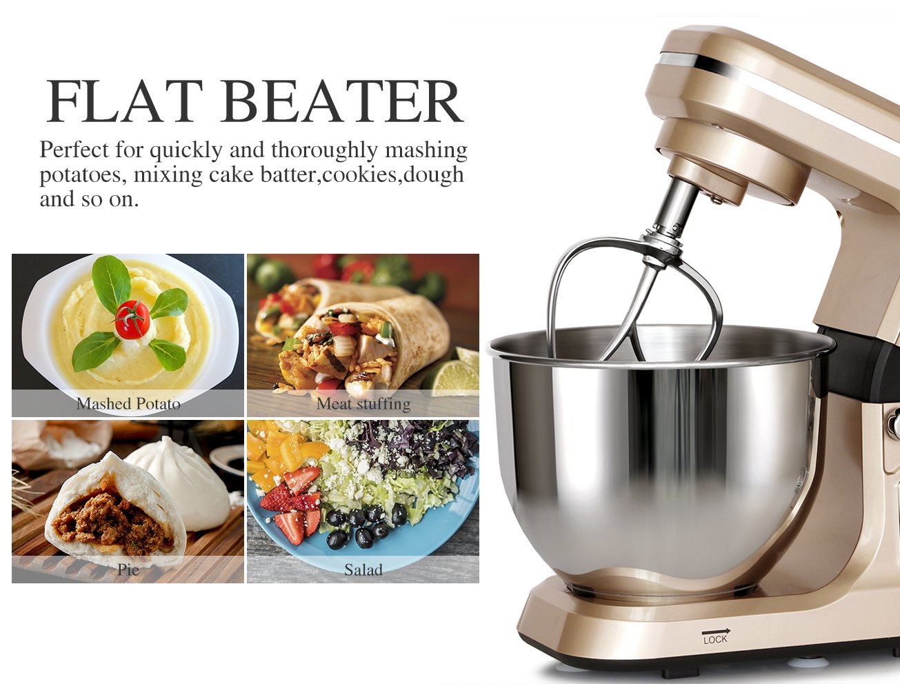 MURENKING Stand Mixer,5.3-Qt & 500W & 6+P Speed MK36 Tilt-Head Kitchen Electric Food Mixers Home Baking Dough Machine with Accessories (Champagne)