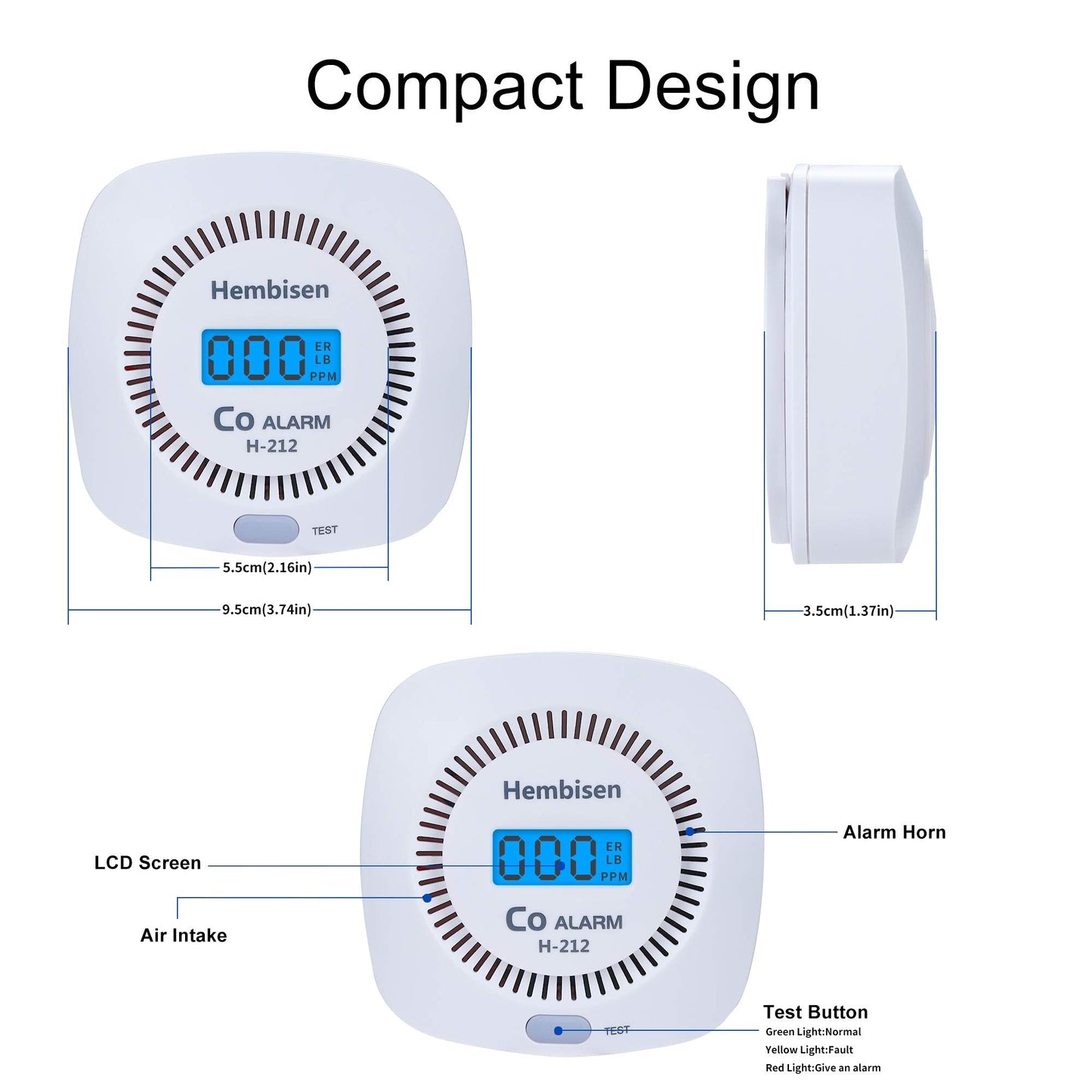 3 Packs Carbon Monoxide Detectors - Hembisen CO Alarm Detector Monitor Battery Operated with Digital Display for House Kitchen Restaurant Hotel Office