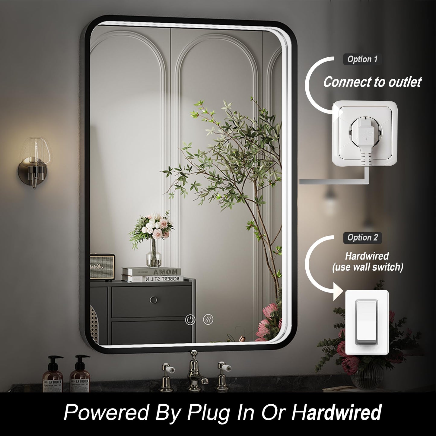 FTOTI 36x24 Inch LED Bathroom Mirror with Lights, Black Metal Frame Mirror, Wall Mounted Lighted Vanity Mirrors for Wall, Anti Fog Dimmable Led Mirror for Makeup